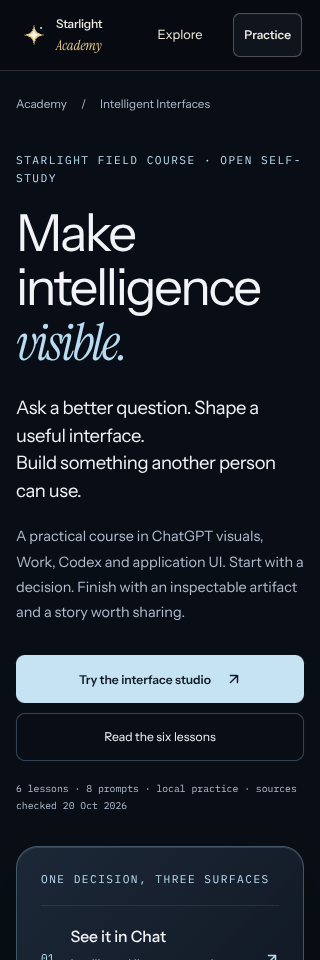 Actual Intelligent Interfaces course opening at 320 CSS pixels wide with reduced motion enabled.
