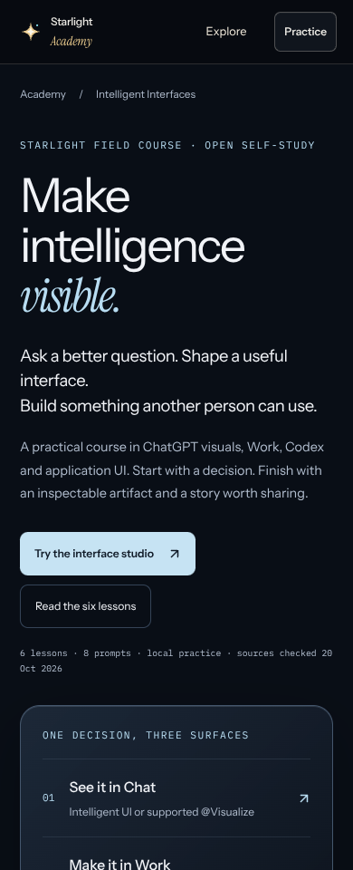 Actual Intelligent Interfaces course opening at 390 CSS pixels wide with reduced motion enabled.
