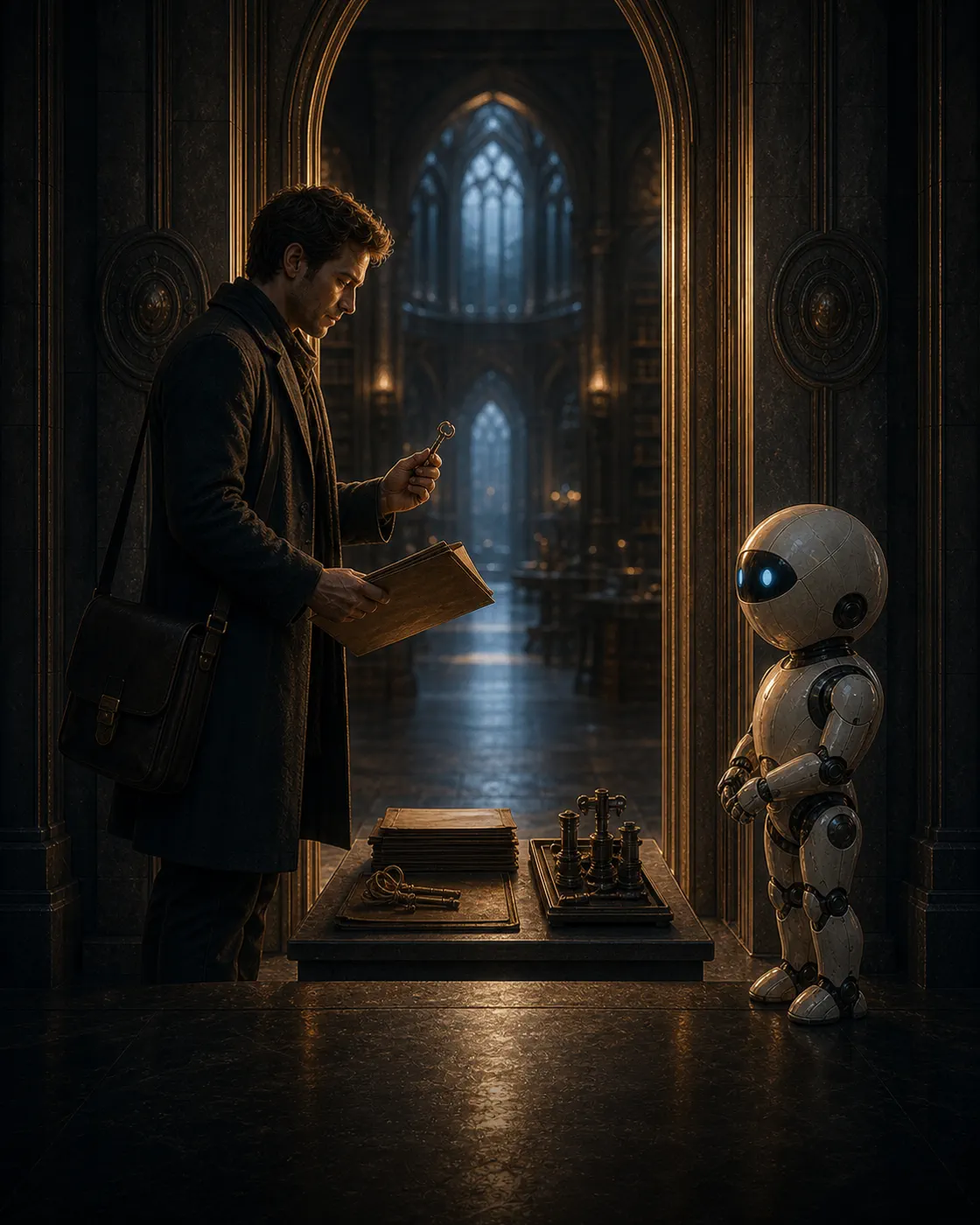Illustrative scene of a human holding the decision at an Academy workbench.