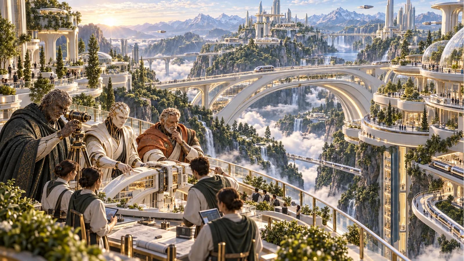 Orion, Kai and Solon examine a bridge model with human learners above an immense forested Academy valley.