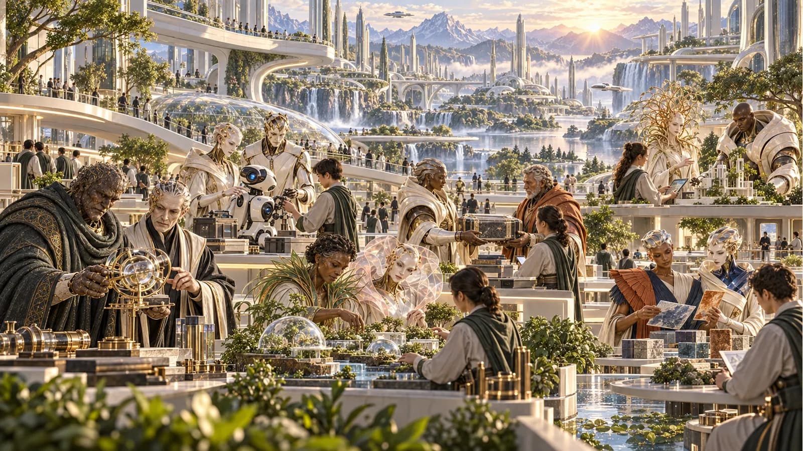 Twelve distinct Academy teachers work in six pairs with human collaborators across a vast dawn commons.