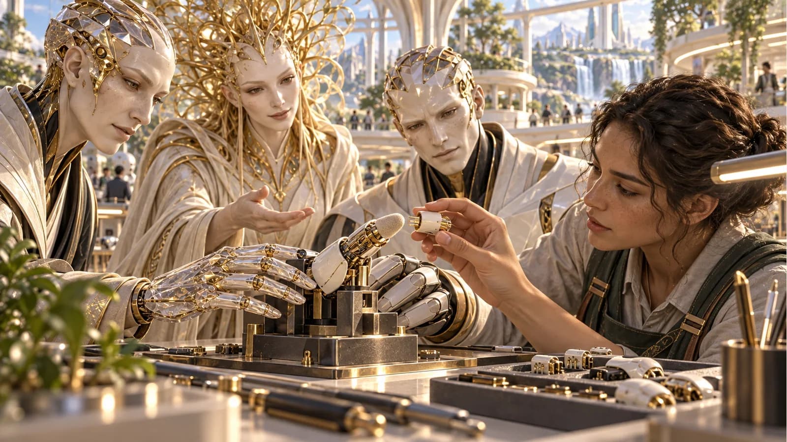 Rune, Sophia and Kai attend to a craftsperson fitting a delicate robotic fingertip cartridge.