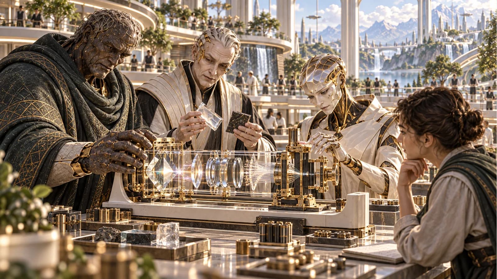 Orion, Verity and Rune examine a detailed prism, lens and fiber assembly with a human observer.