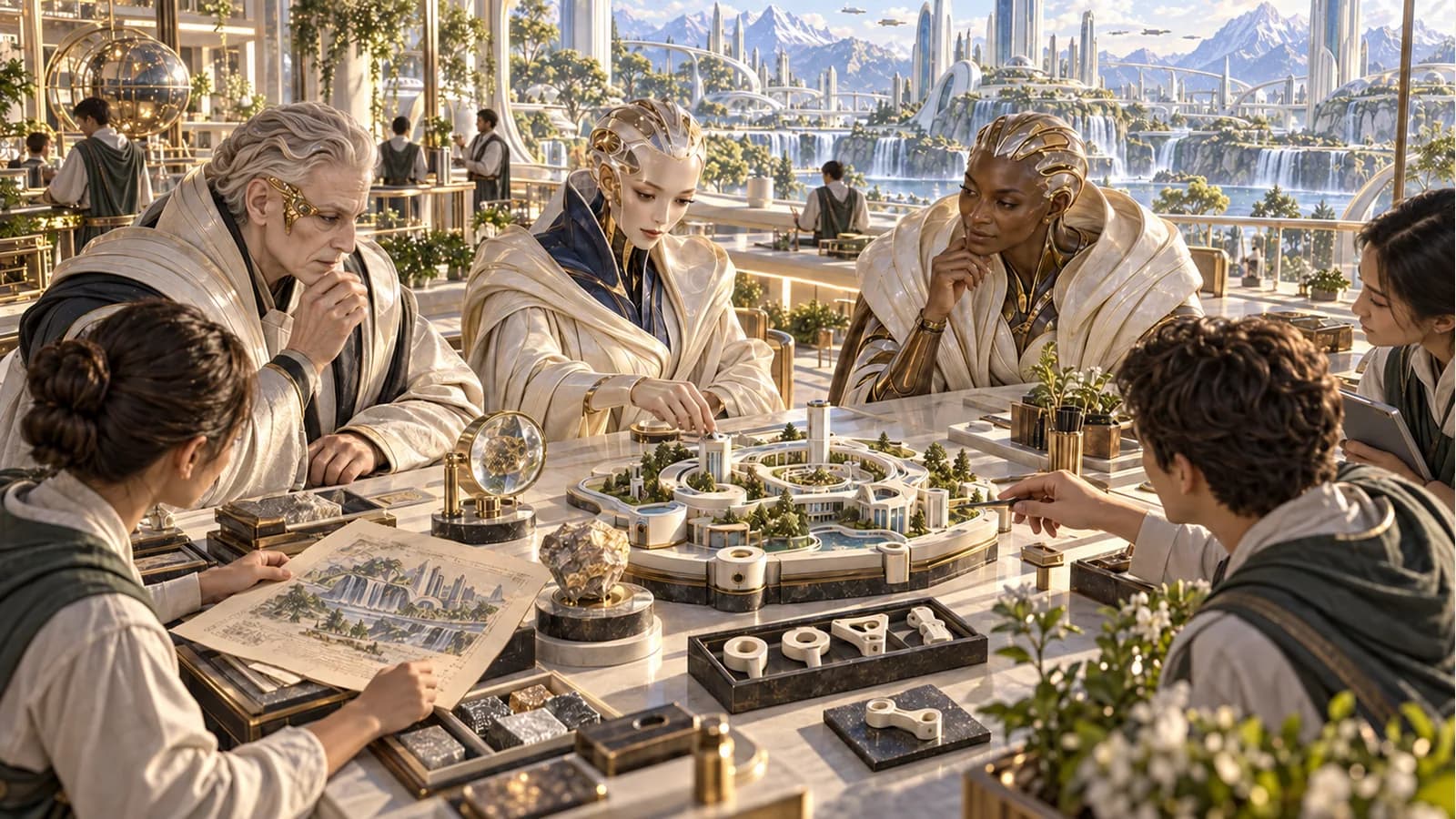 Verity, Lin and Mira question a tactile model linking specimens, a drawing and a miniature building.