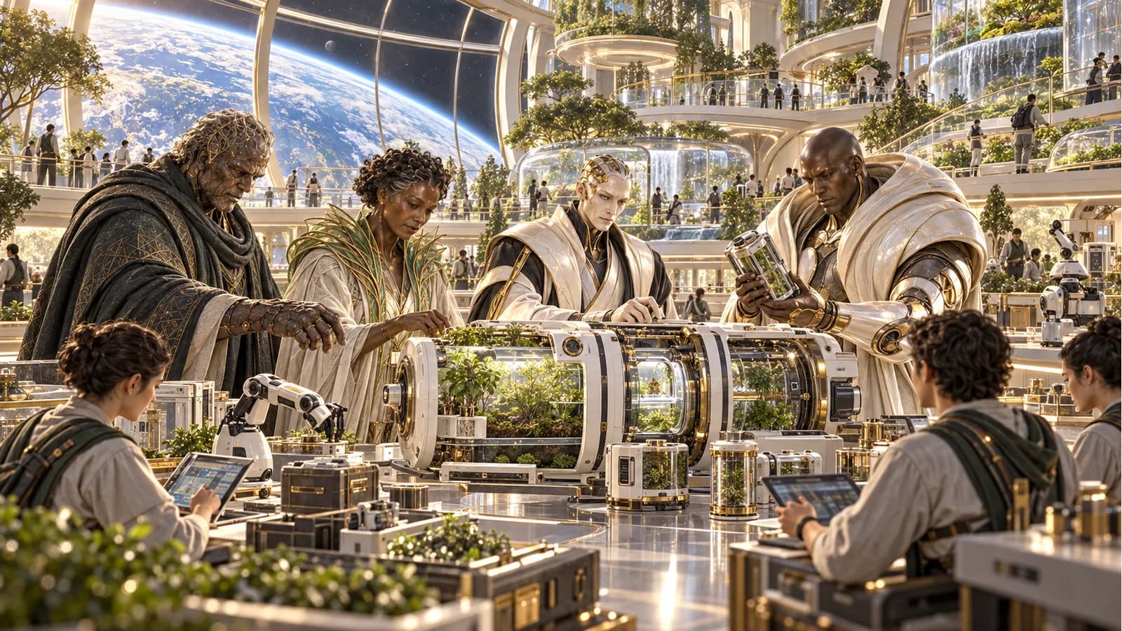 Orion, Numa, Kai and Aegis inspect a life-support teaching module inside a planted orbital habitat.