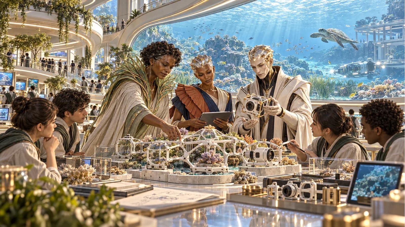 Numa, Lyra and Kai compare a reef model and camera housing in an underwater studio with fish and a turtle beyond glass.