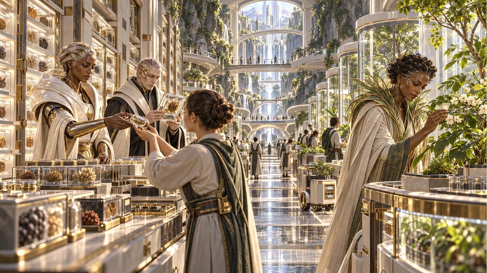 Mira hands a seed capsule to an archivist while Verity compares a specimen and Numa studies a living plant.