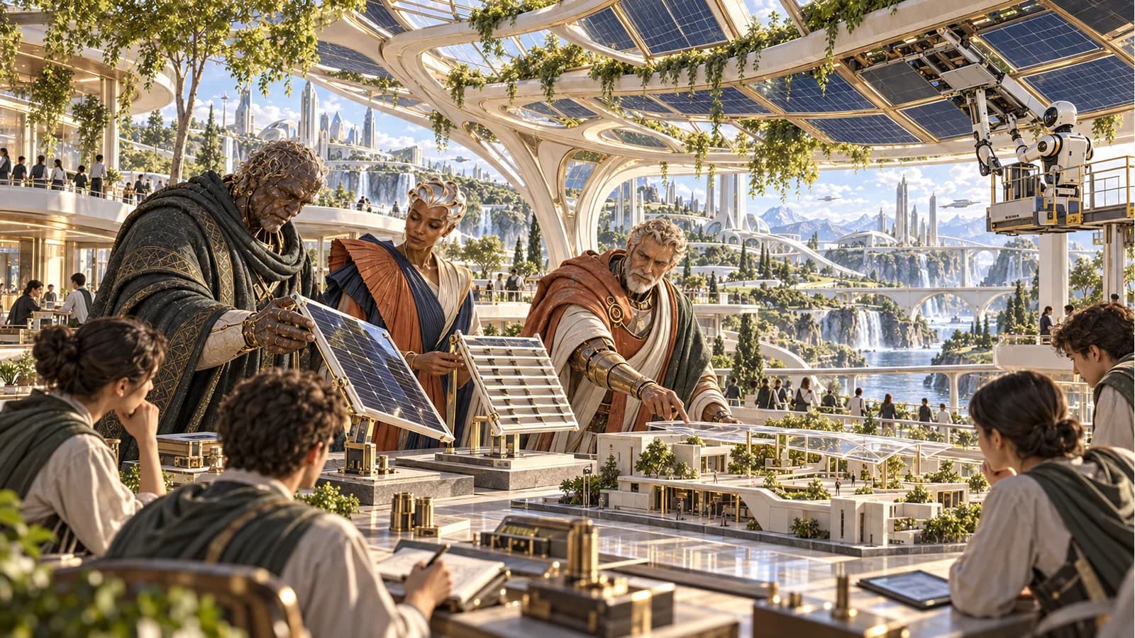 Orion, Lyra and Solon compare panel prototypes beneath a vast solar canopy.