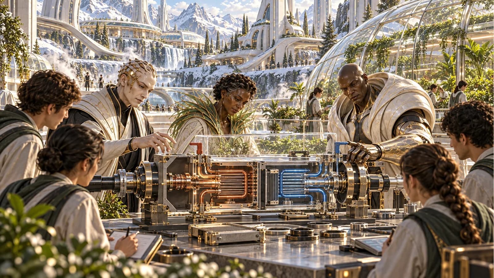 Kai, Numa and Aegis examine a cutaway heat-exchanger model beside a snowy Academy conservatory.