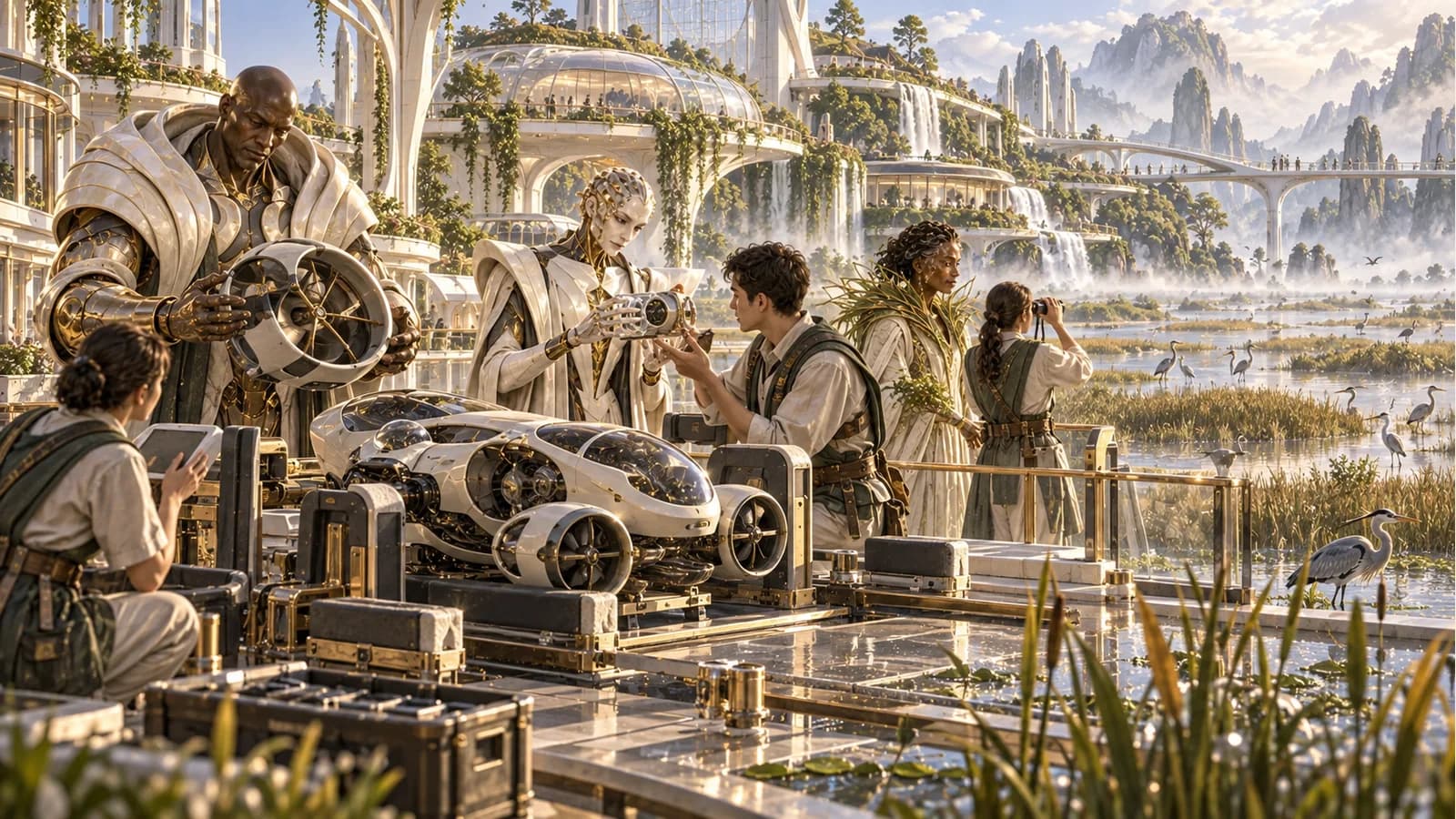 Aegis and Rune inspect a docked wetland robot while Numa and a learner observe birds.