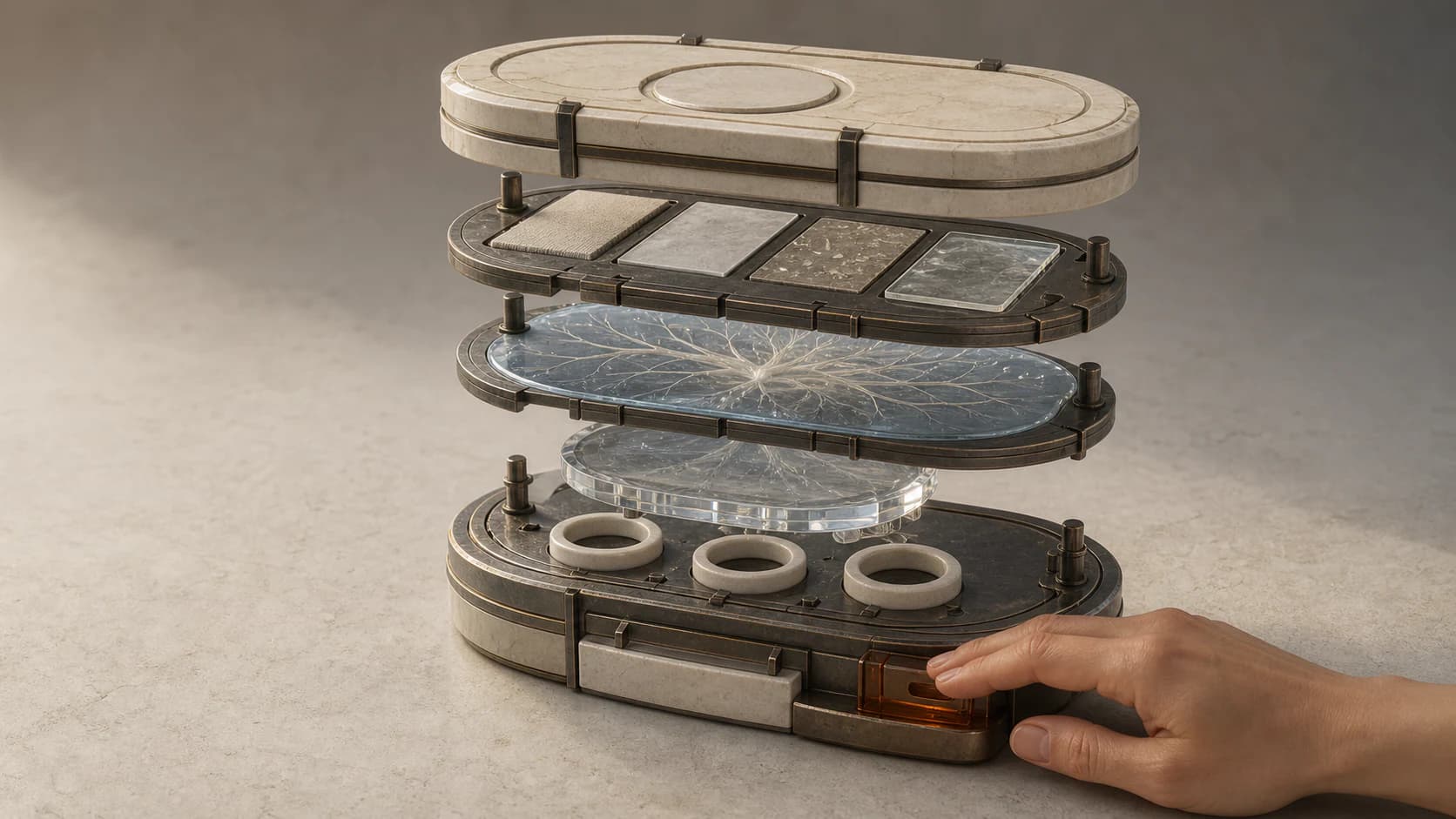 An opened five-layer instrument with a mechanical latch controlled by a human hand.