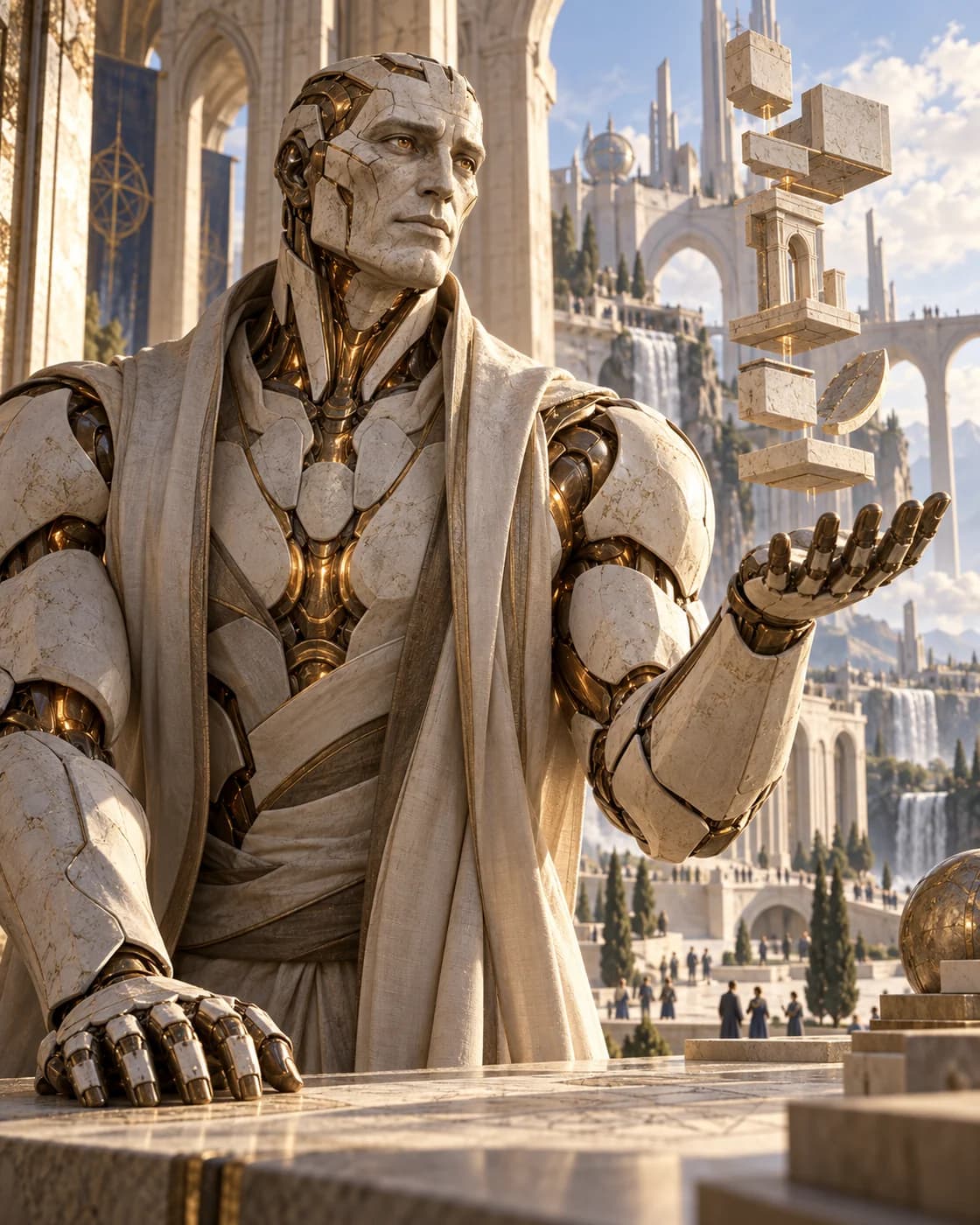Kai with a mature mineral face and broad articulated body, holding a model of interdependent architectural blocks