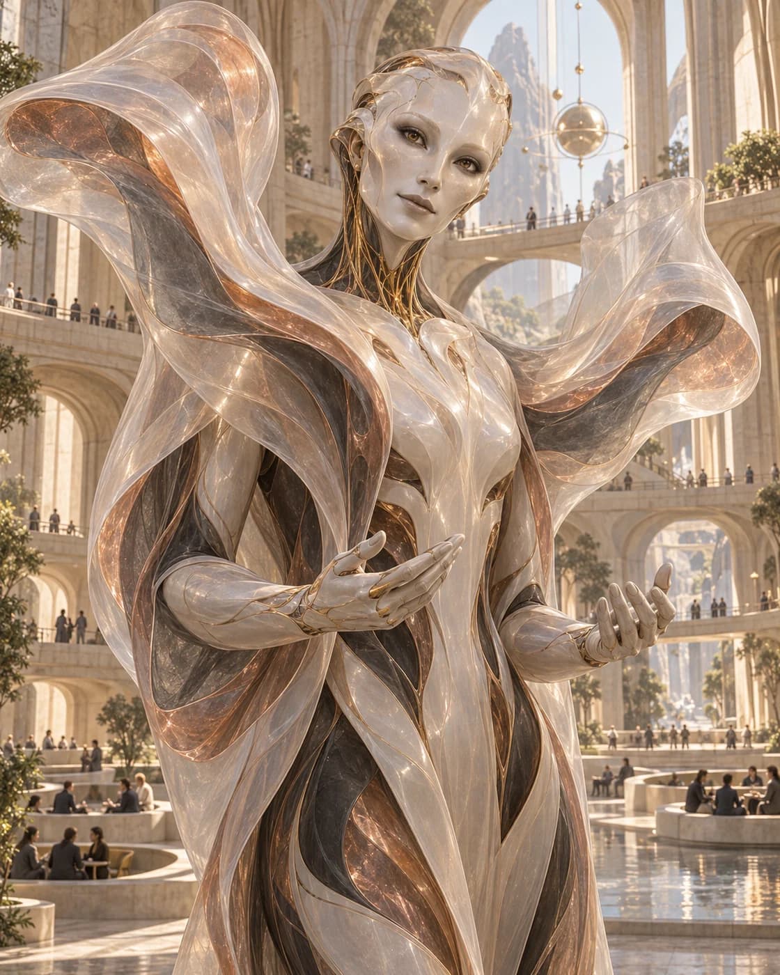 Mina with a listening expression and a flowing translucent mantle that opens around her face