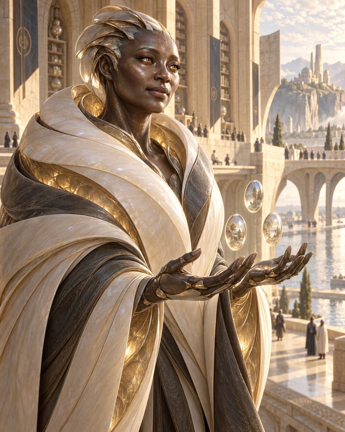 Mira with a dark nacre face and folded mantle, holding three separate memory lenses