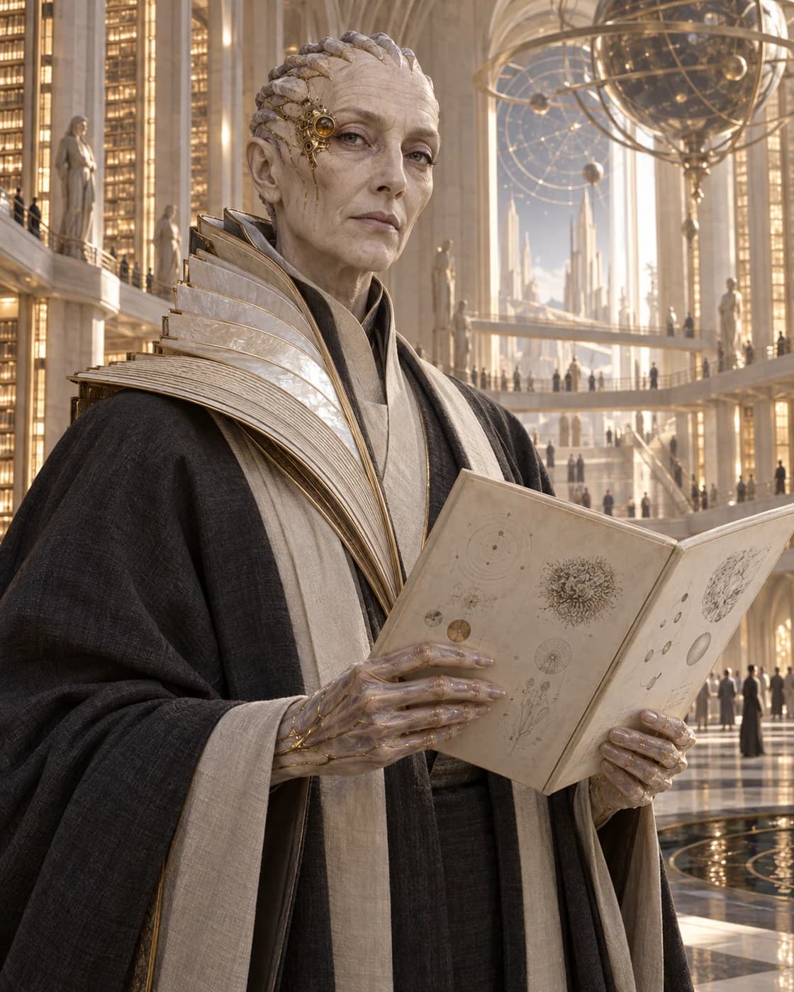 Verity, a fictional bio-synthetic teaching identity in ivory and gold.