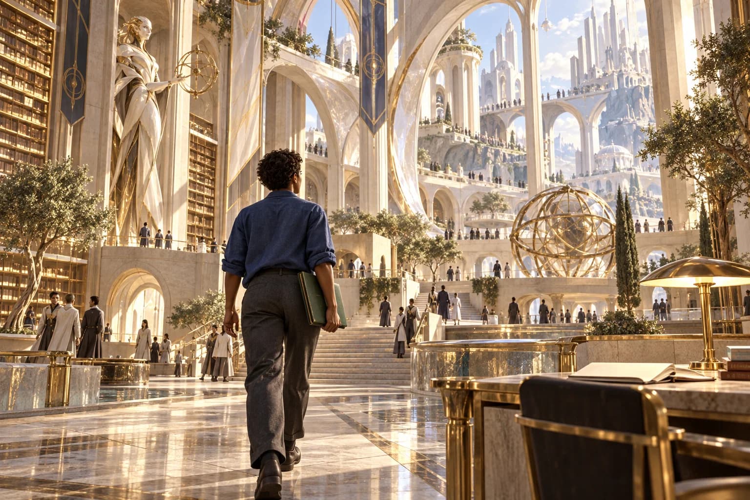 An adult in a cobalt overshirt carries a green folio into a vast luminous Academy archive.