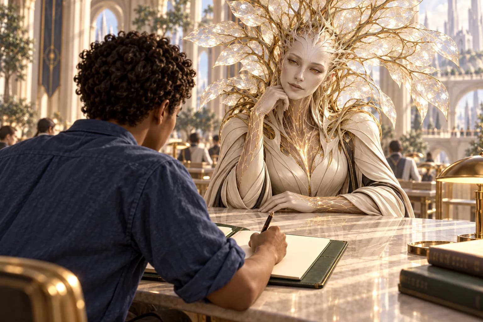 Sophia listens across a stone table while the learner writes in the green folio.