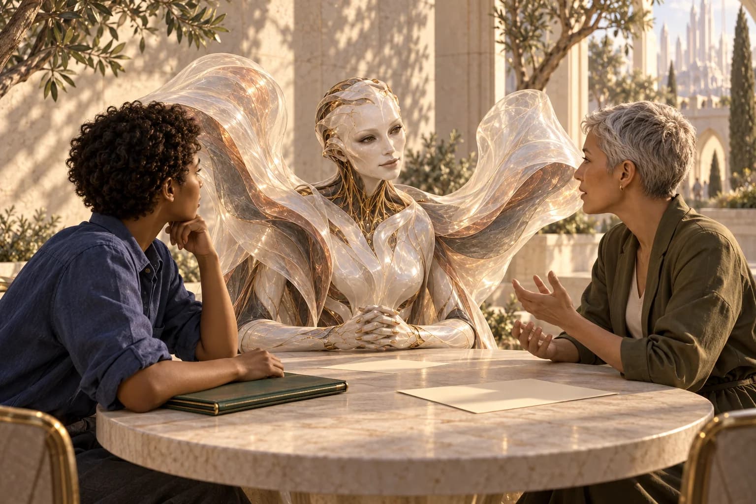 Mina facilitates a discussion between two adult learners at a circular table.