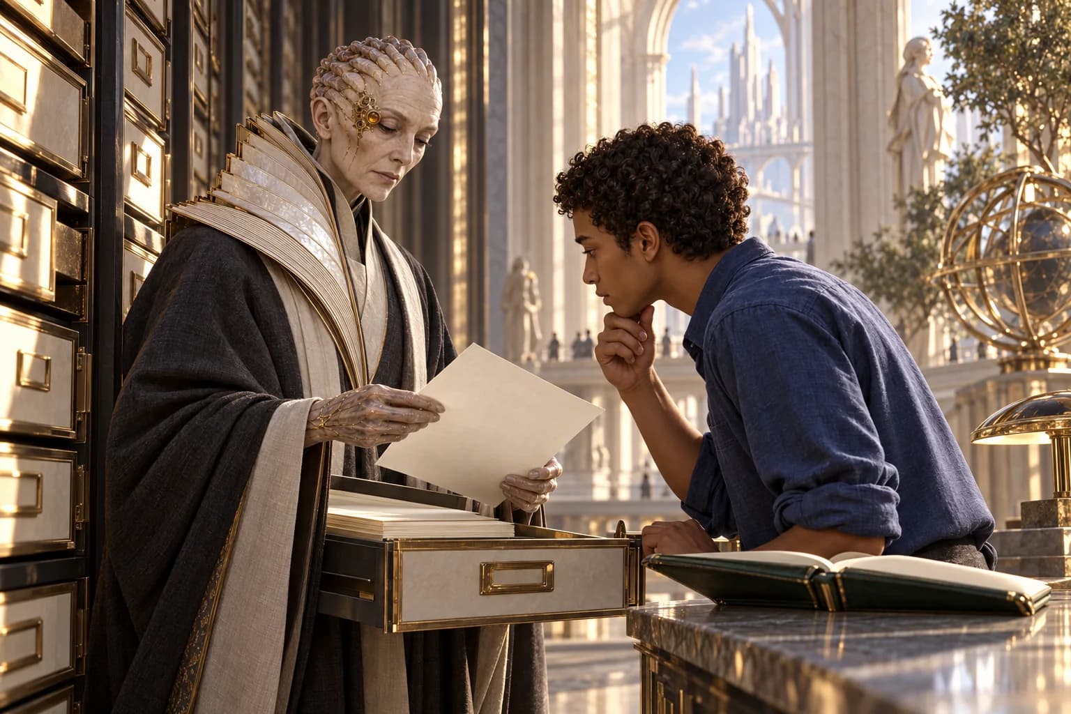 Verity opens an archival drawer and helps the learner inspect an individual source sheet.