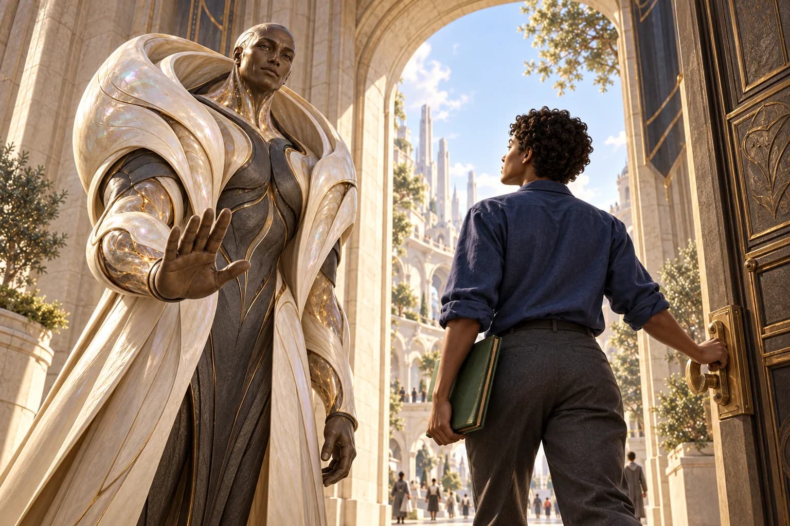 Aegis stands beside a monumental doorway while the human learner controls a brass latch.