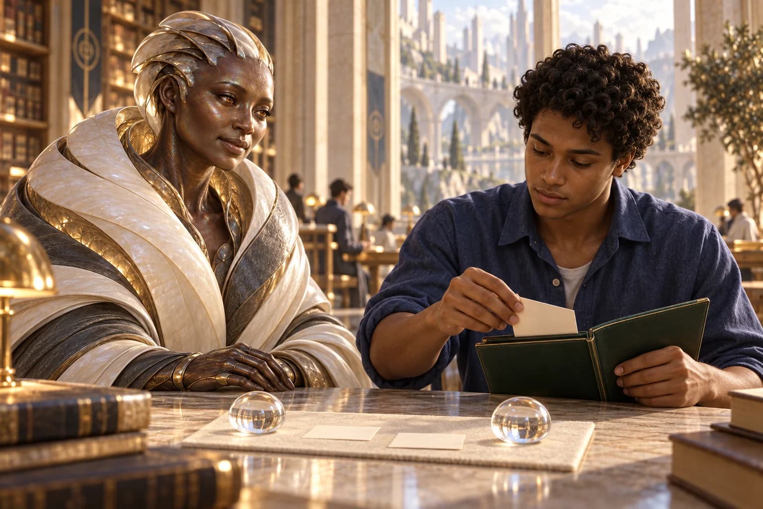Mira watches the learner place a selected blank slip in a green folio; two glass lenses remain on the table.