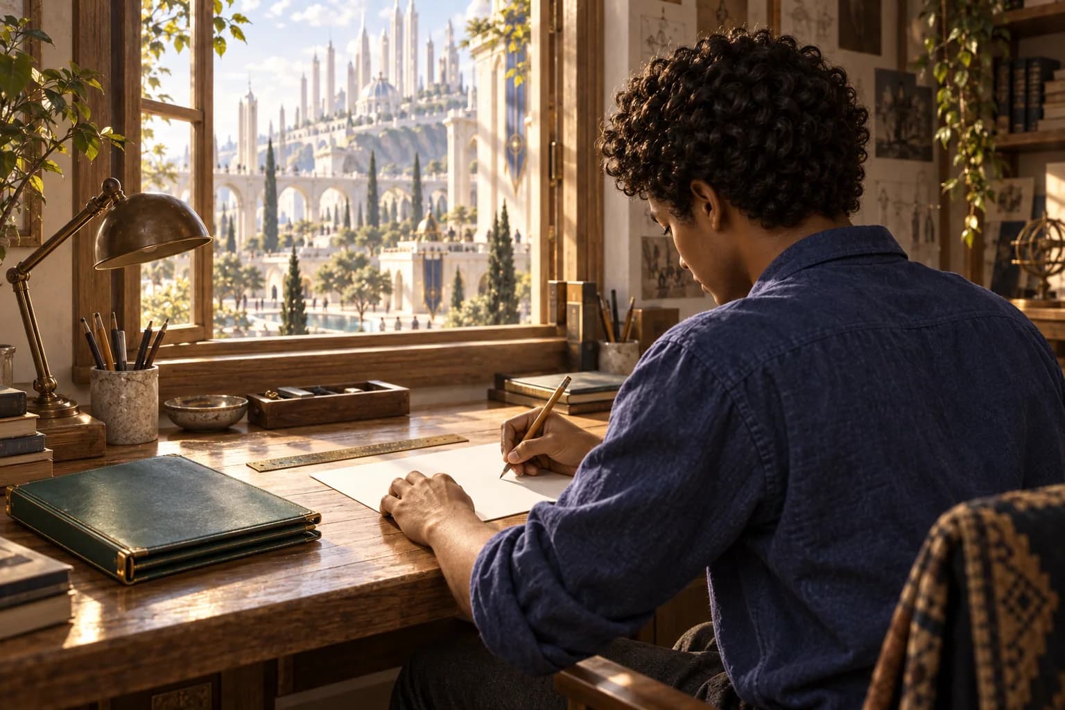The learner starts a blank sheet at a wooden desk with the green folio beside it and the Academy beyond the window.