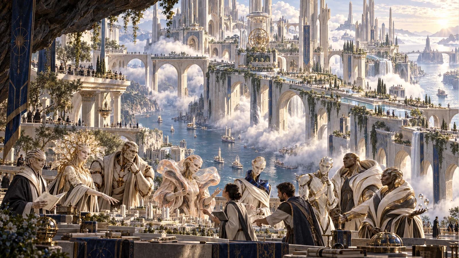 Eight bionic faculty and two human designers study a city model above vast pearl towers, bridges and ocean gorges.