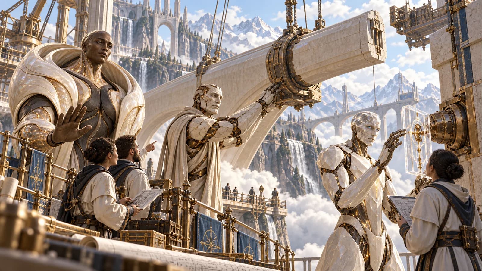 Kai, Rune and Aegis work with human surveyors beneath a suspended ivory bridge segment.