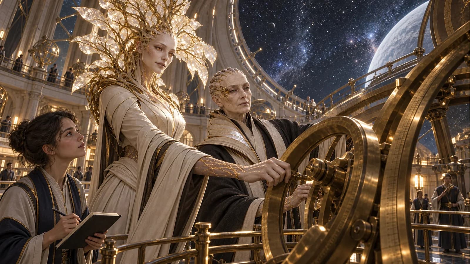 Sophia and Verity adjust a large bronze instrument beneath an observatory opening onto stars and a moon.