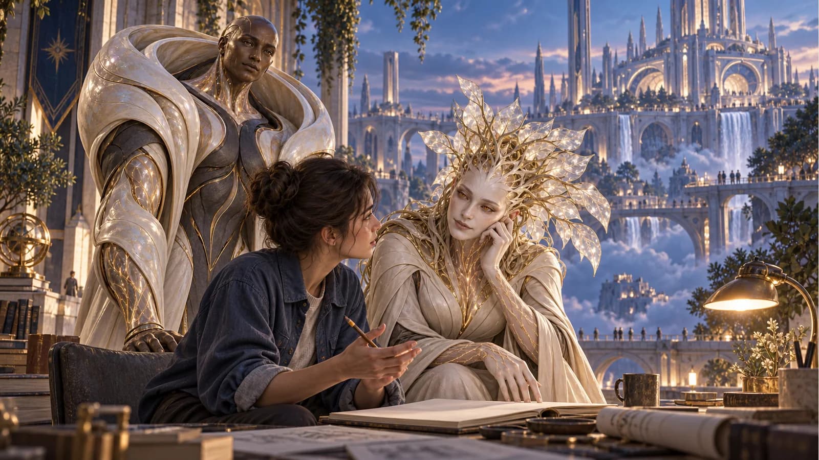 Sophia listens to a seated creator with a pencil while Aegis stands nearby and the Academy rises beyond.