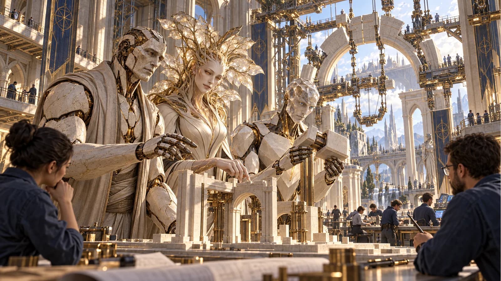 Kai, Sophia and Rune examine a model while a giant arch is assembled in a civic workshop.
