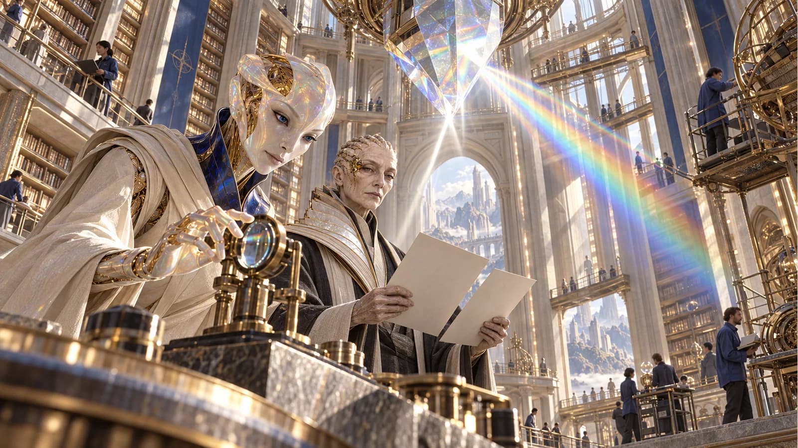 Lin adjusts an optical instrument beside Verity under a large suspended prism in a multi-level library.