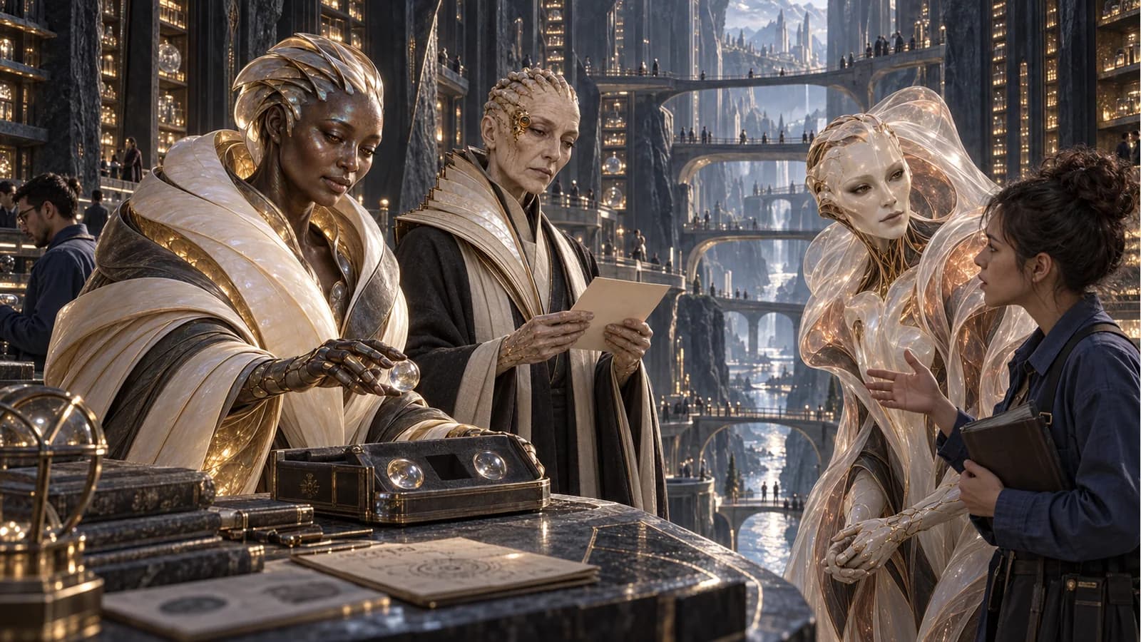 Mira selects a lens beside Verity and Mina in a dark archive canyon crossed by tiny inhabited bridges.
