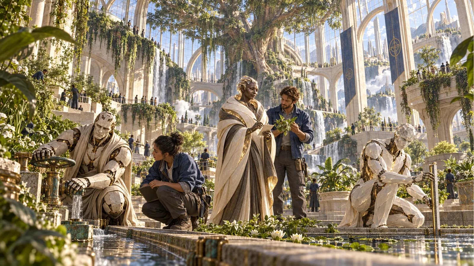 Kai, Mira and Rune work with human horticulturists beneath an enormous tree in a terraced conservatory.