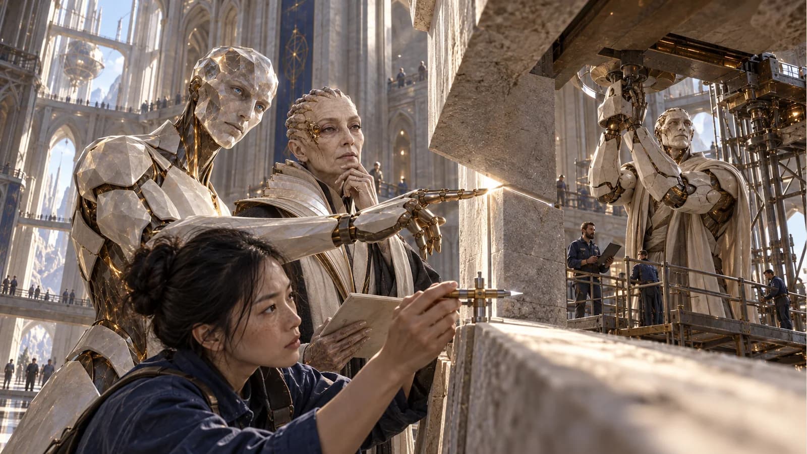Rune and Verity inspect a bright gap in a massive stone assembly while a human uses a gauge and Kai works beyond.