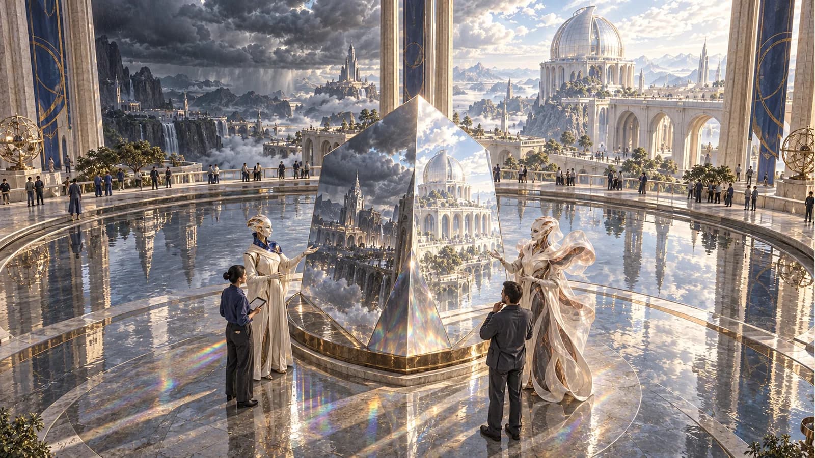 Lin and Mina compare a large prism with two human designers in a reflective courtyard beneath contrasting skies.