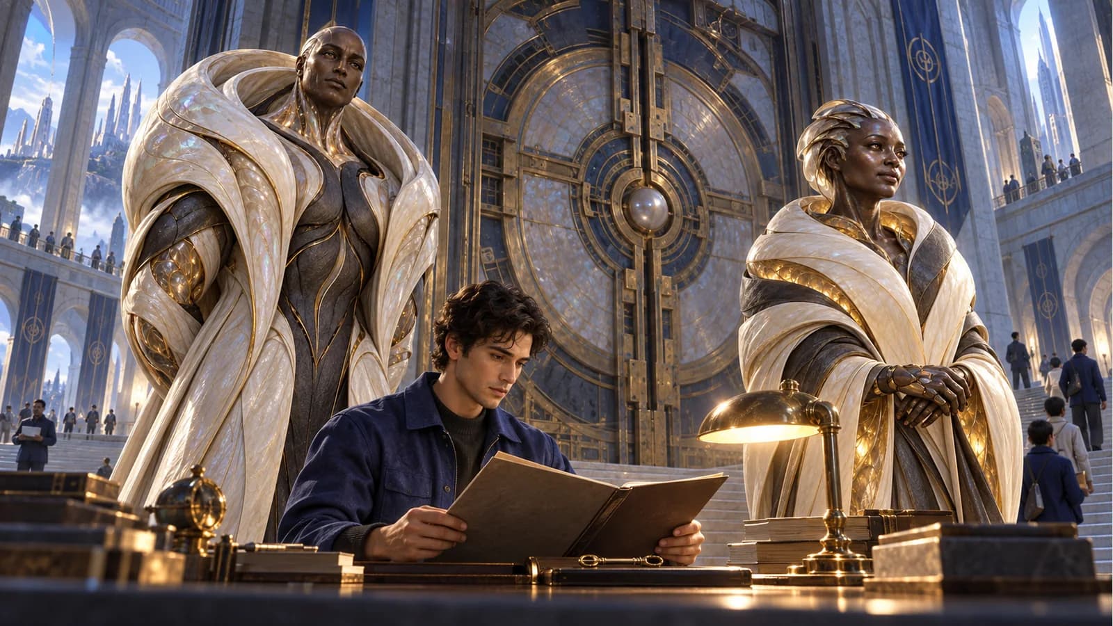 Aegis and Mira stand beside a human reading at a small desk before an immense closed circular vault.