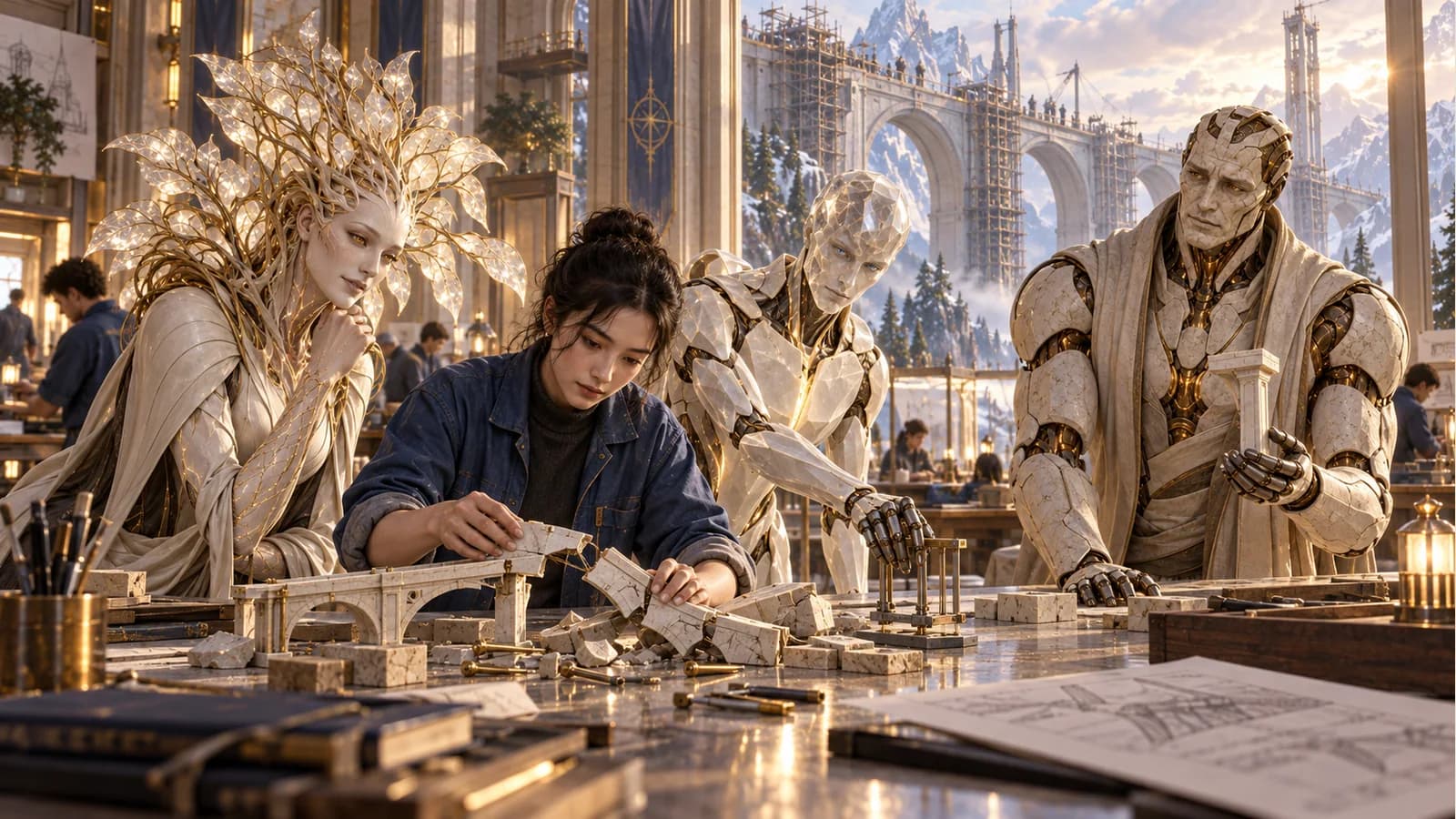 A human rebuilds a small fallen bridge model with Sophia, Rune and Kai nearby.