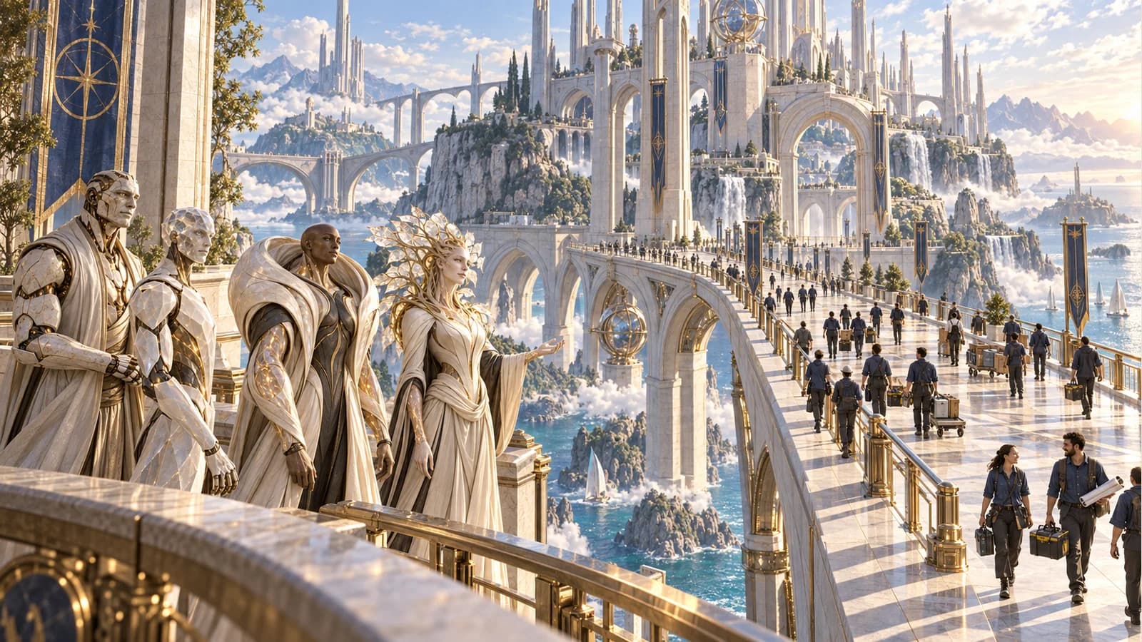 Kai, Rune, Aegis and Sophia stand with builders on a completed soaring bridge above the sea.