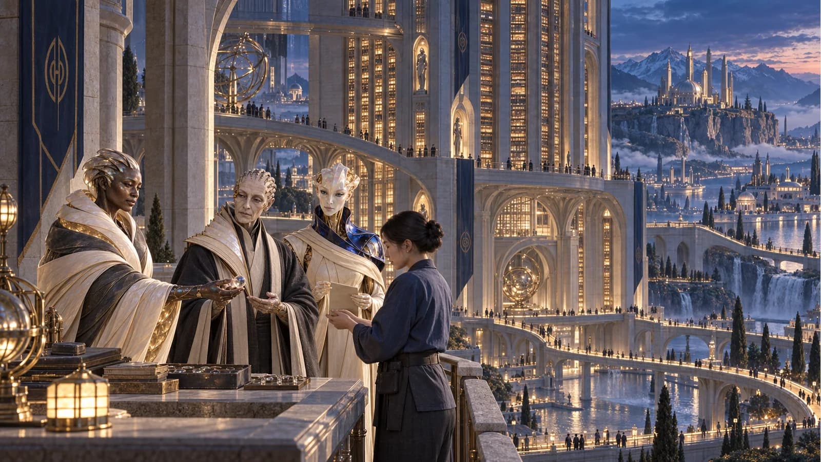 Mira, Verity and Lin prepare a small lens handoff above an immense archive lit by warm windows at blue hour.