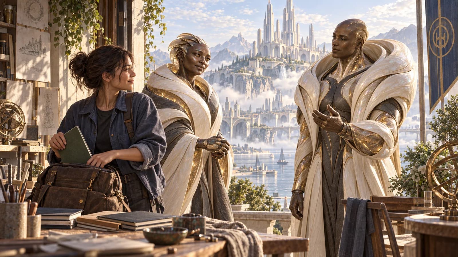 A creator packs a green folio in a small workshop while Mira and Aegis stand by a doorway overlooking the distant Academy.