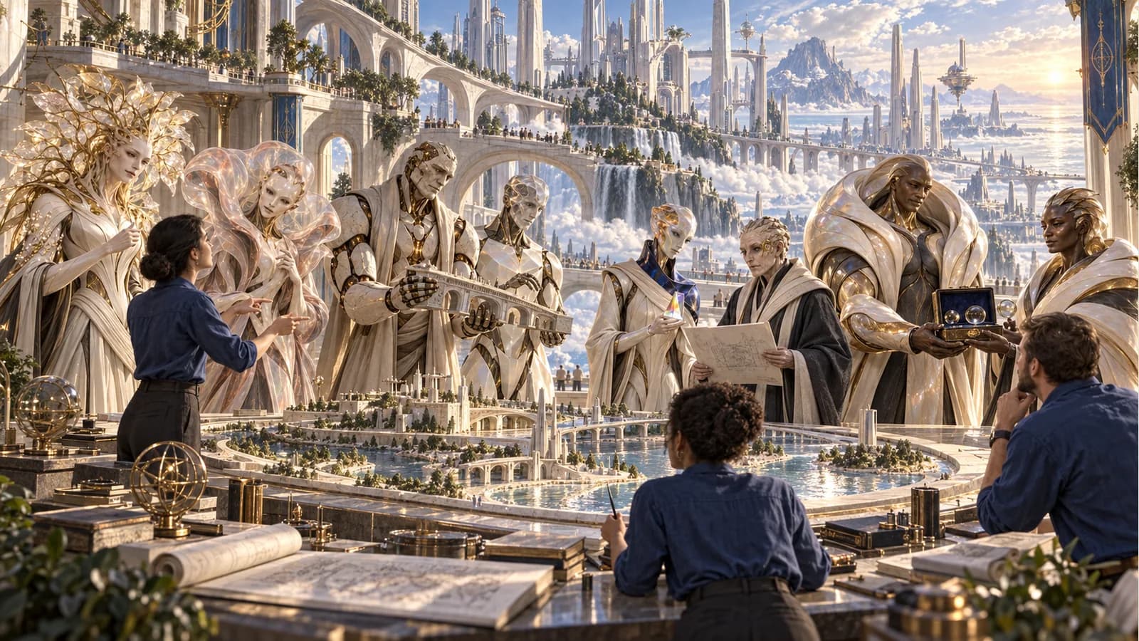 The eight distinct faculty collaborate with human architects around a landscape model on a skybridge above the Academy.