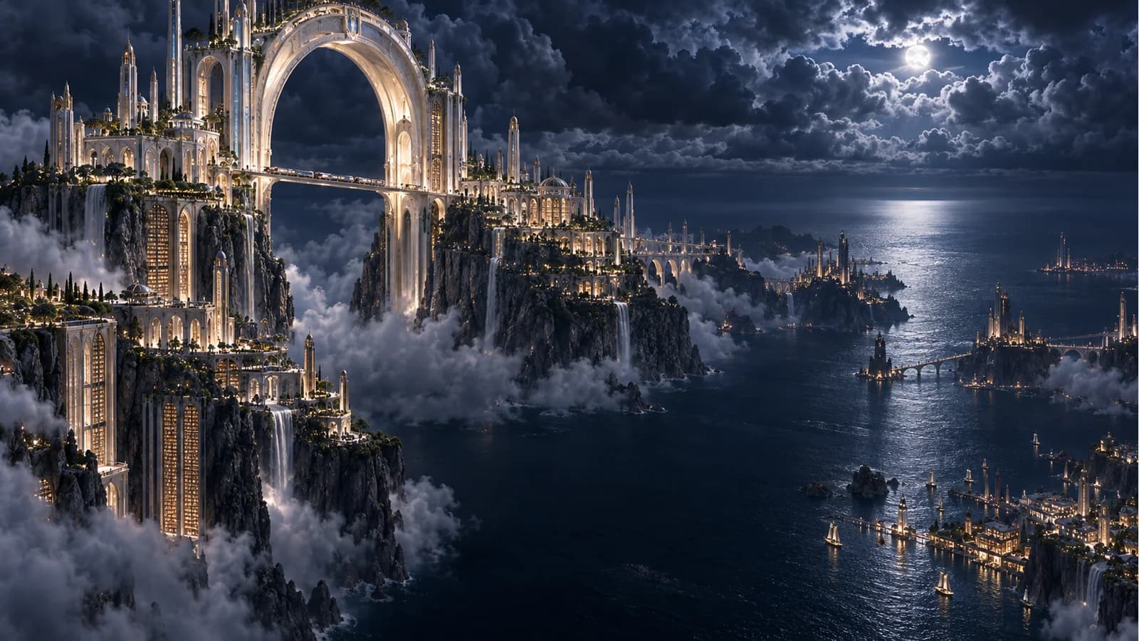 A monumental illuminated Academy arch spans dark mountain islands above a midnight ocean.