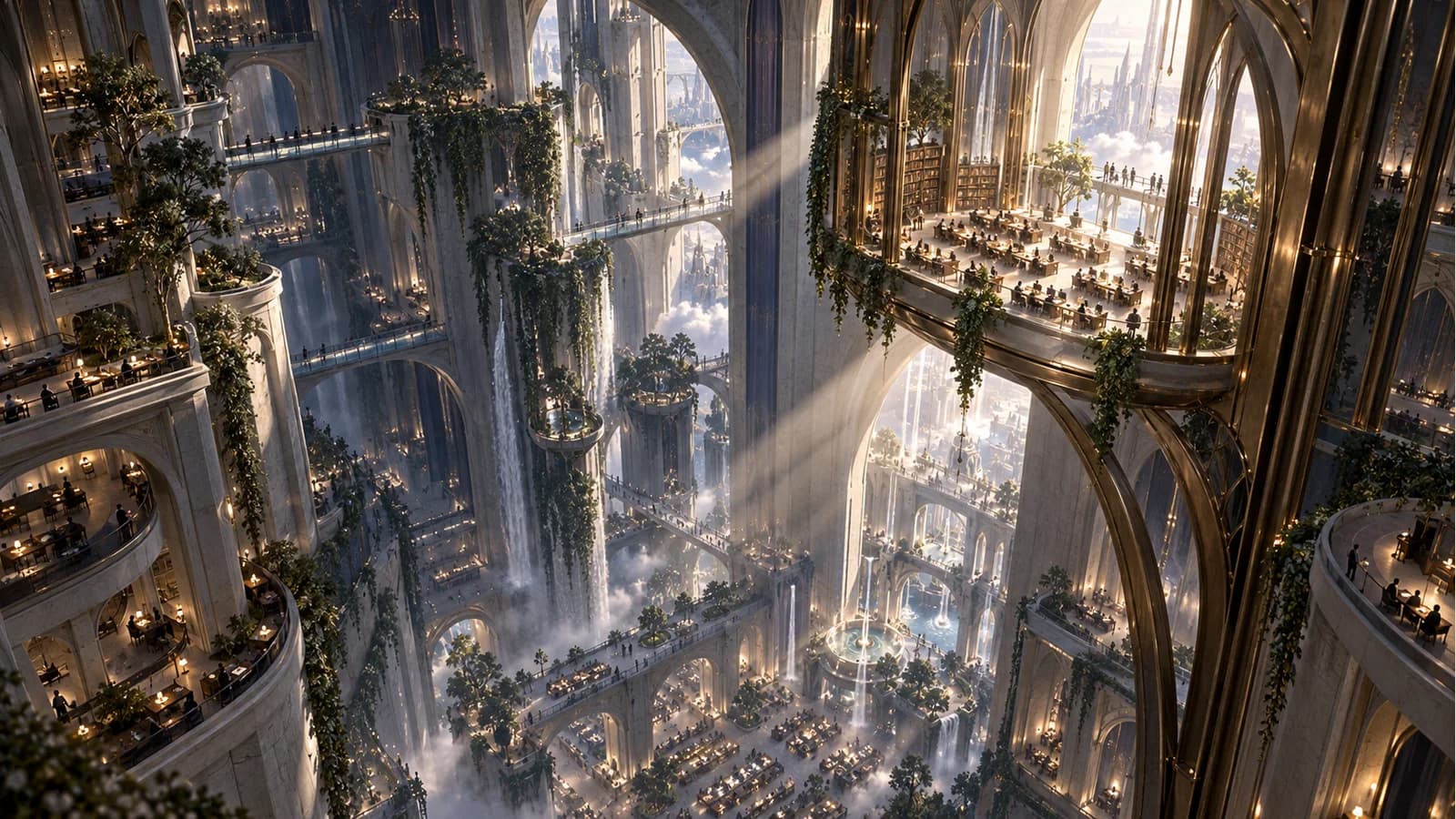 An immense multi-level Academy atrium with hanging gardens, bridges and a suspended reading room in a shaft of light.
