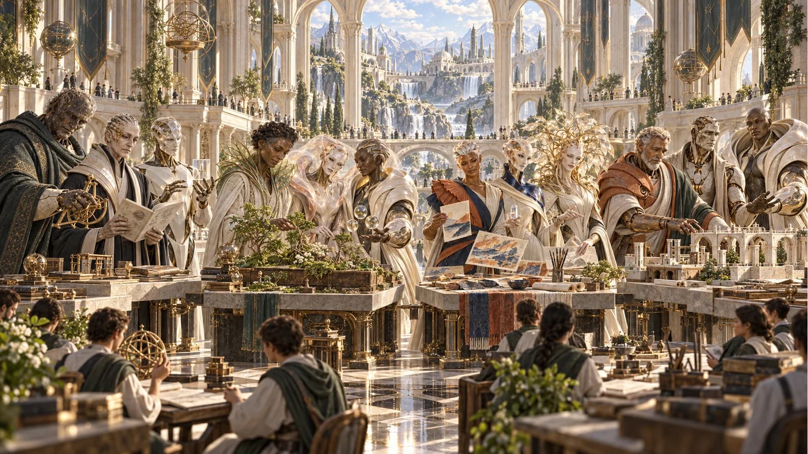 Twelve fictional Academy teachers work in four groups on measurement, living systems, art and stewardship, with human learners in an immense ivory hall.