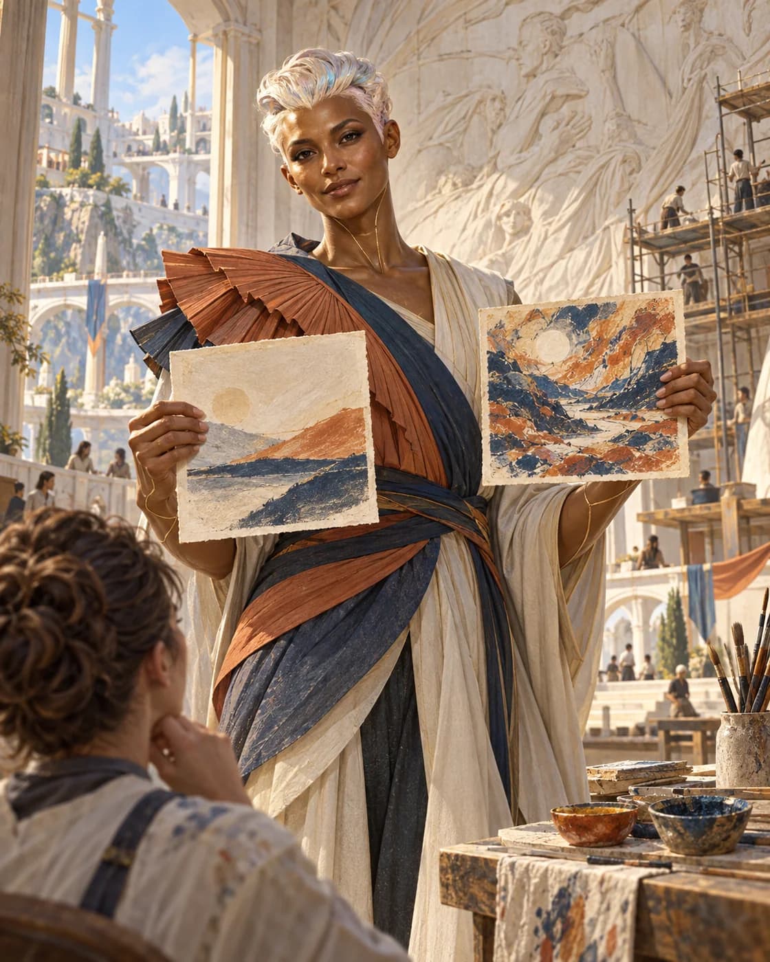 Lyra, a copper-and-opal teacher in an indigo and terracotta pleated mantle, offers two contrasting handmade landscape studies to an apprentice.