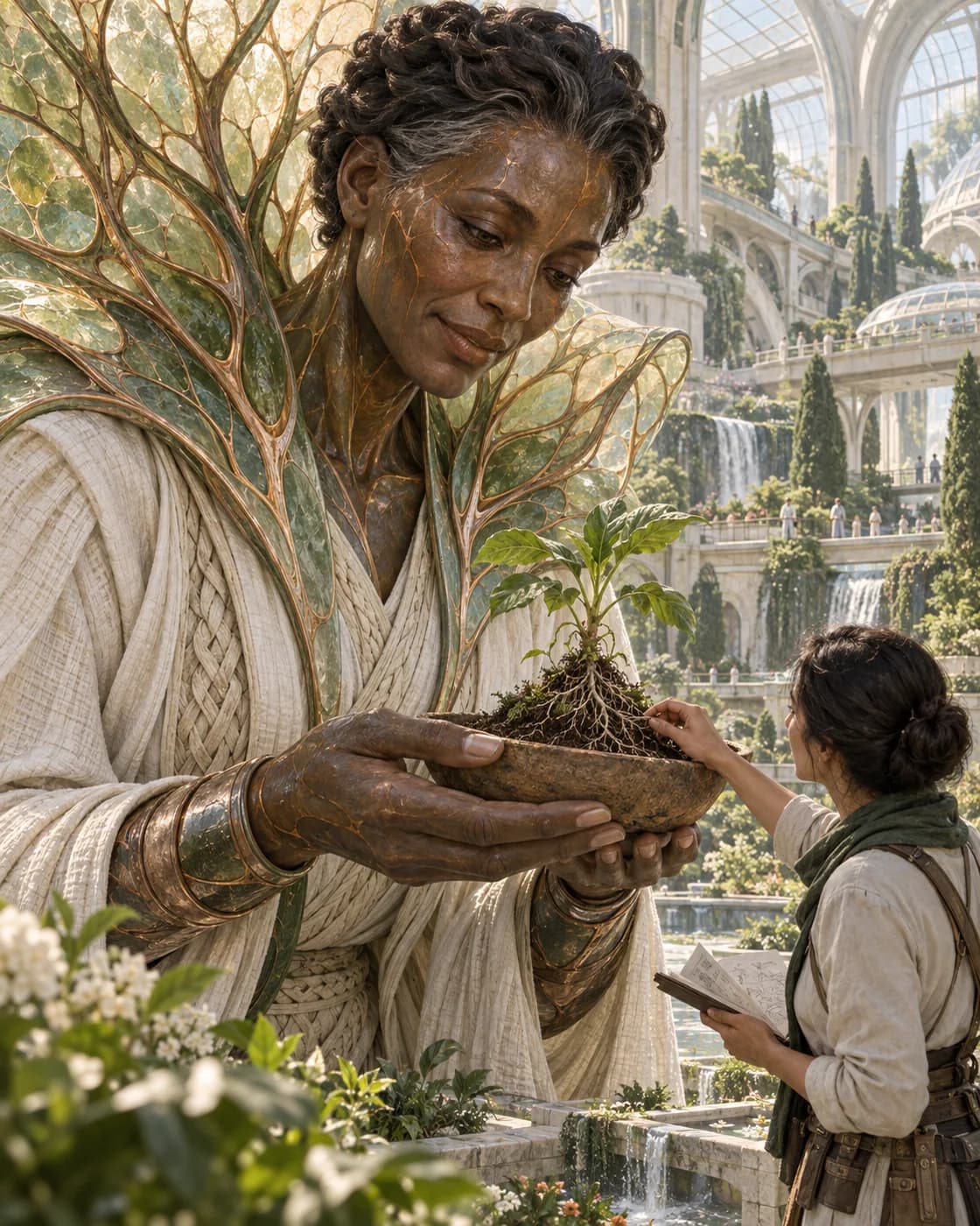 Numa, a mature living-mineral teacher with a translucent jade mantle, holds a seedling and its roots for a human gardener to inspect.