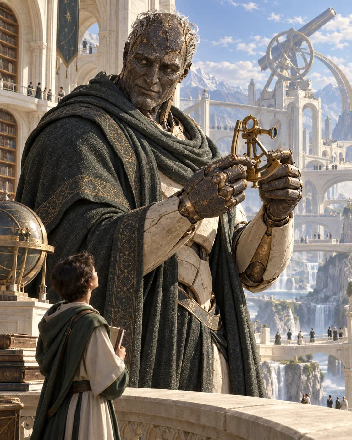 Orion, a weathered basalt-and-bronze teacher, shares a brass measuring instrument with a human learner in an immense ivory observatory.