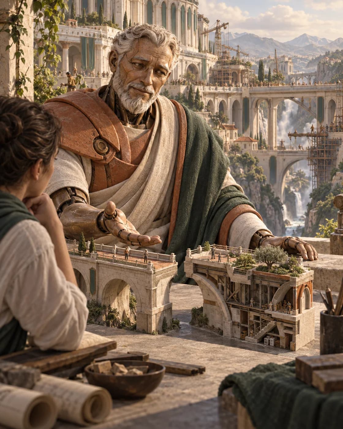 Solon, an older porcelain-and-bronze teacher in a terracotta mantle, invites a learner to compare two repairable bridge models.