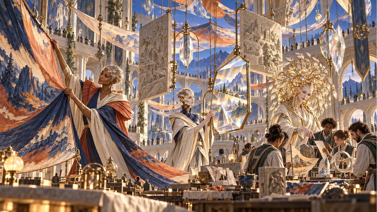 Lyra raises a huge painted sail, Lin turns a suspended prism, and Sophia works beside learners making distinct studies in an immense public art hall.